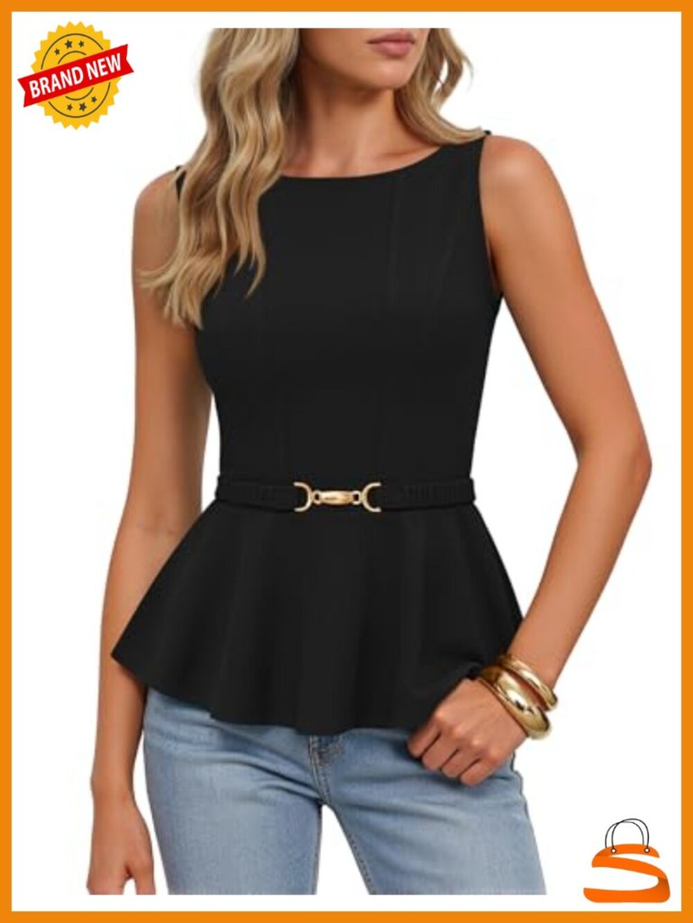 Sleeveless Peplum Tank Top with Belt, Business Casual Blouse, Dressy Tops
